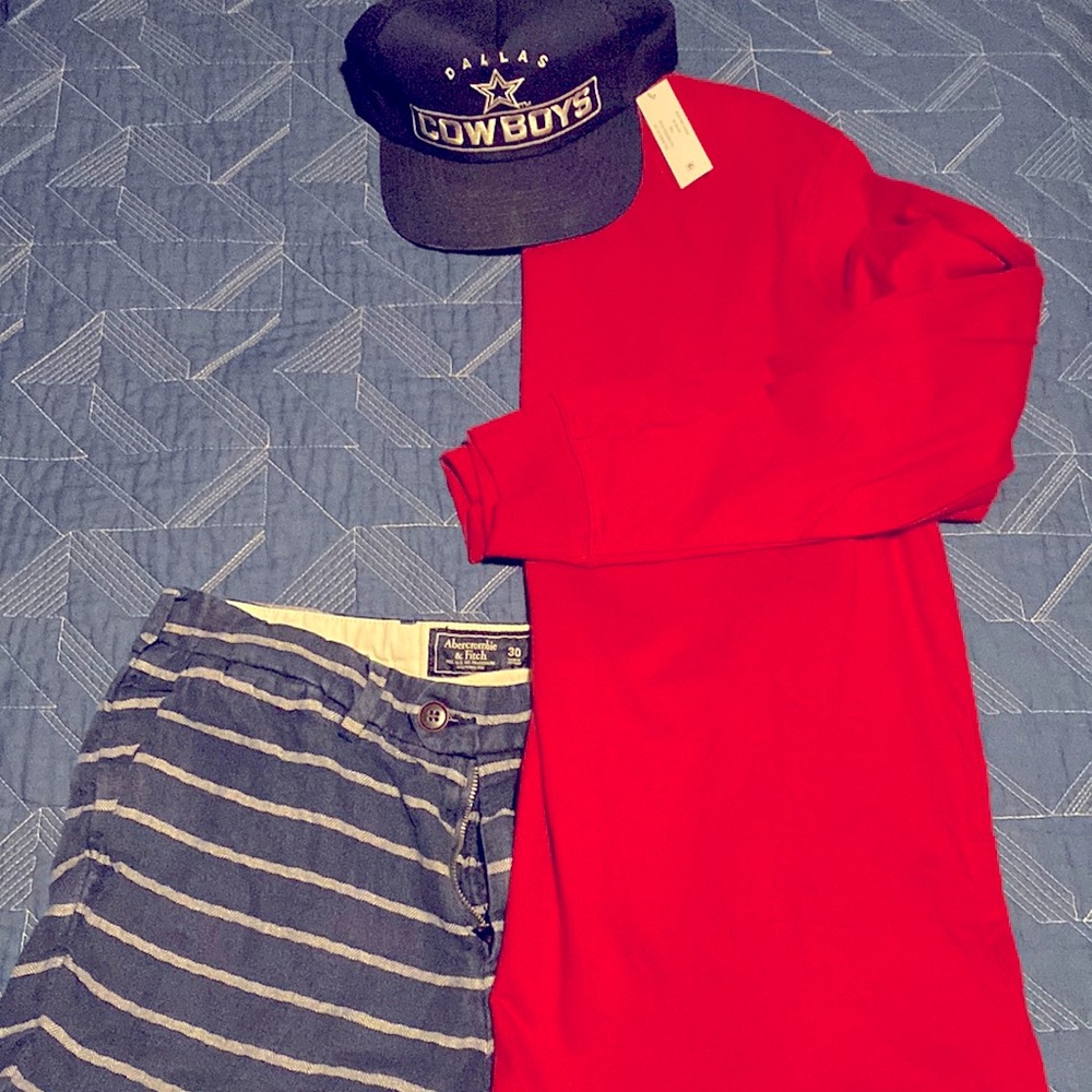 Abercrombie and Fitch shorts (sz 30) and red long sleeve t-shirt (sz M) & hat!